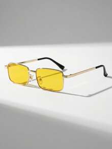 Men's Rectangular Sunglasses, Gold Metal Frame, Yellow Lenses, Retro Style, Y2K Vintage - Màu vàng - Xem 2
