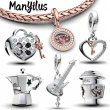 Bộ mặt dây chuyền hình trái tim bằng bạc Sterling 925 Manyilus, thiết kế hình ổ khóa, chìa khóa, cà phê, đính đá Cubic Zirconia, phù hợp với vòng tay và dây chuyền nguyên bản, món quà trang sức DIY lãng mạn dành cho phụ nữ. - Nhiều màu - Xem 12