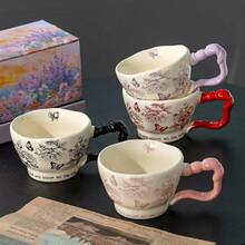 10盎司法式浪漫玫瑰蝴蝶陶瓷杯，复古创意不对称水杯，高端早餐杯，适合居家、办公室、学生宿舍使用，可微波炉加热，可洗碗机清洗，送给女友、闺蜜的专属礼物 - 彩色 - 查看 2