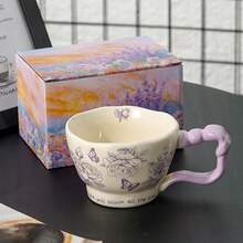10盎司法式浪漫玫瑰蝴蝶陶瓷杯，复古创意不对称水杯，高端早餐杯，适合居家、办公室、学生宿舍使用，可微波炉加热，可洗碗机清洗，送给女友、闺蜜的专属礼物 - 彩色 - 查看 11