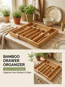 1pc Bamboo Drawer Organizer Box, Expandable Kitchen Utensil Storage Rack, Bamboo Wood Multi-Compartment Chopstick Spoon Fork Divider Box, Drawer Storage Rack, 4 Size Options, Desktop Kitchen Storage Box, Cutlery Organizer - View 2