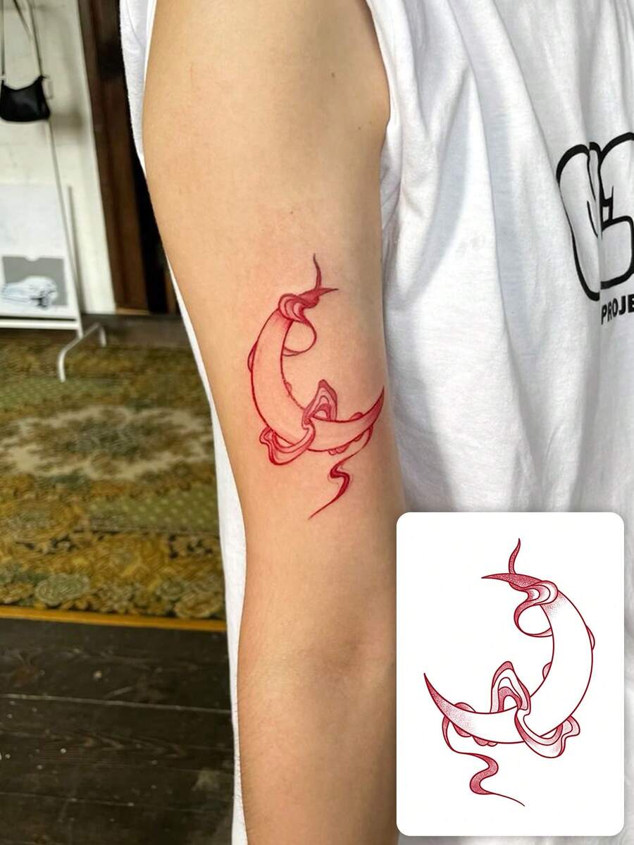 1 pièce Tatouage temporaire minimaliste de lune rouge et ruban, tatouage temporaire lavable à base de plantes, convient pour tous, dure 3 à 5 jours - Noir - Voir 1