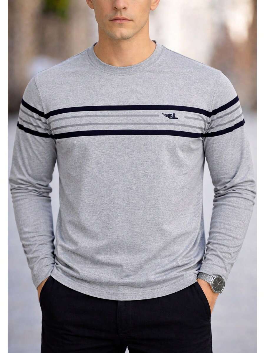 Men's Long Sleeve Red Striped T-Shirt, Slim Fit, Casual, Comfortable - 淺灰色 - 查看 1