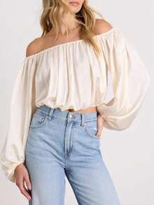 Elegante top corto de manga larga con hombros abiertos, con dobladillo con volantes y diseño ajustado, adecuado para mujeres en primavera - Albaricoque - Ver 8