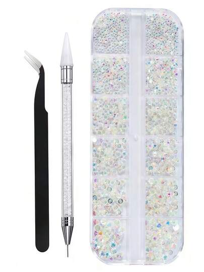 1套/3套美甲工具套装，包含镊子、亚克力透明平底水钻盒（用于美甲装饰） - 3件套美甲配件、多种尺寸水钻、3D DIY闪光合成宝石美甲用品