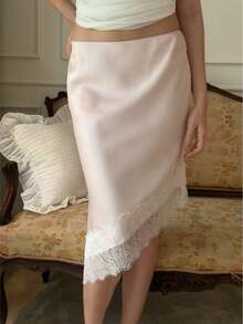 Women Satin Silk Lace Trim Midi Skirt Elastic Waist Irregular Hem Silky Long Skirt Vintage Half Slip Skirts For Under Dress Y2K A Line Bodycon Going Out Skirts Party Club Beach Vacation Knee Length Skirt Streetwear - 粉色 - 查看 1