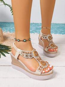 Women's New Elegant Bohemian Style Wedge Slip-On Sandals, Hard-Wearing Non-Slip Comfortable Platform Sandals For Spring/Summer - Beige - View 3