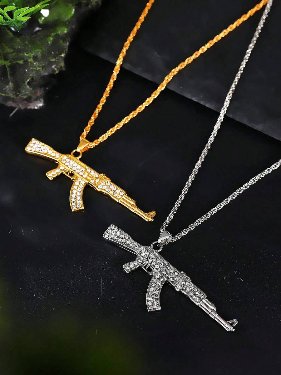 Mặt dây chuyền hình súng đồ chơi AK47 đính kim cương, phong cách punk, sáng tạo, độc đáo, thích hợp cho nam giới đeo hàng ngày, là món quà lý tưởng cho phái mạnh. - súng - Xem 1