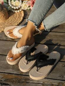 planare Sandalias planas de verano de mujer con suela de EVA tejida, de color beige y negro, adecuadas para uso diario, vacaciones y atuendos de oficina - Negro - Ver 8
