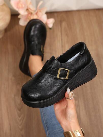 Women's Platform Loafers Shoes, British Style Round Toe Slip-On Vintage Shoes With Metal Buckle