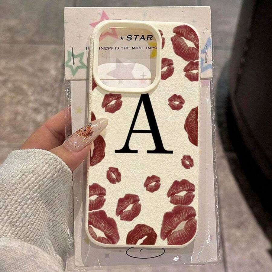 Lychee Red Lip Print Letter A Pattern Phone Case, Suitable As Birthday And Christmas Gift For Couples, Girlfriends, Daughters, Teenagers - أبيض عتيق - مشاهدة 1