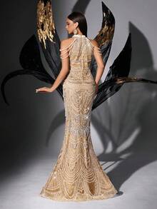 LUVISTRUE Women's Luxury Halter Neck Beaded Sequin Formal Evening Gown, Sexy Mermaid Cocktail Maxi Dress For Party, Wedding Guest, Spring/Summer Fall - Champagne - View 3
