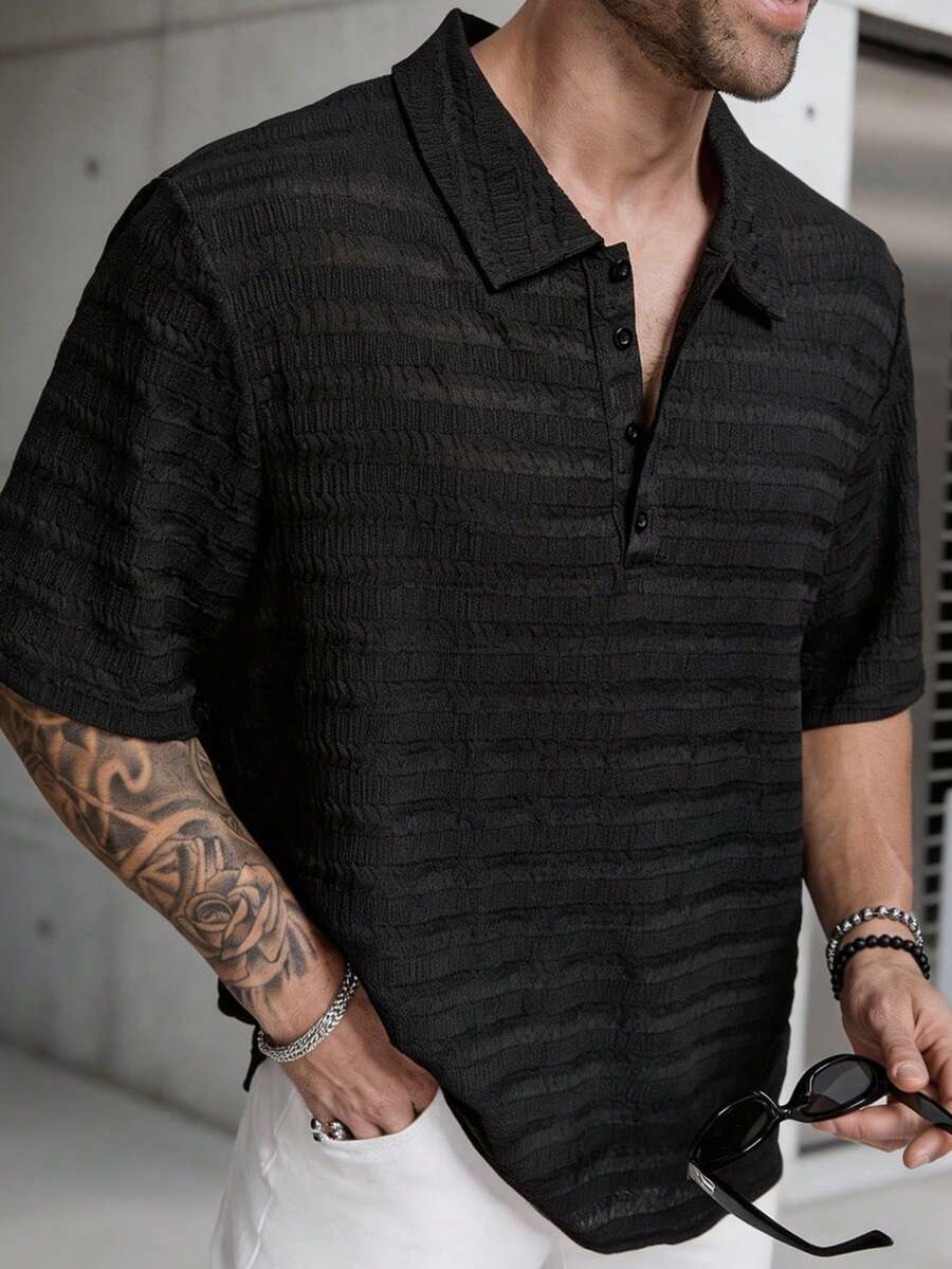 1pc Men's Black Striped Textured Polo Shirt, Collared Short Sleeve Button-Up Casual Versatile Top, Elegant For Holiday Parties, Suitable Gift For Father, Boyfriend, Dad, Friends - Black - View 1