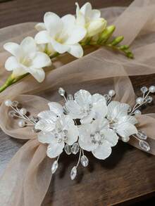 1 pieza Peine para el cabello con flor blanca de plástico ABS brillante y retro, tocado nupcial con perlas y rhinestones, adecuado para todas las estaciones, verano, playa, boda - Plateado - Ver 7