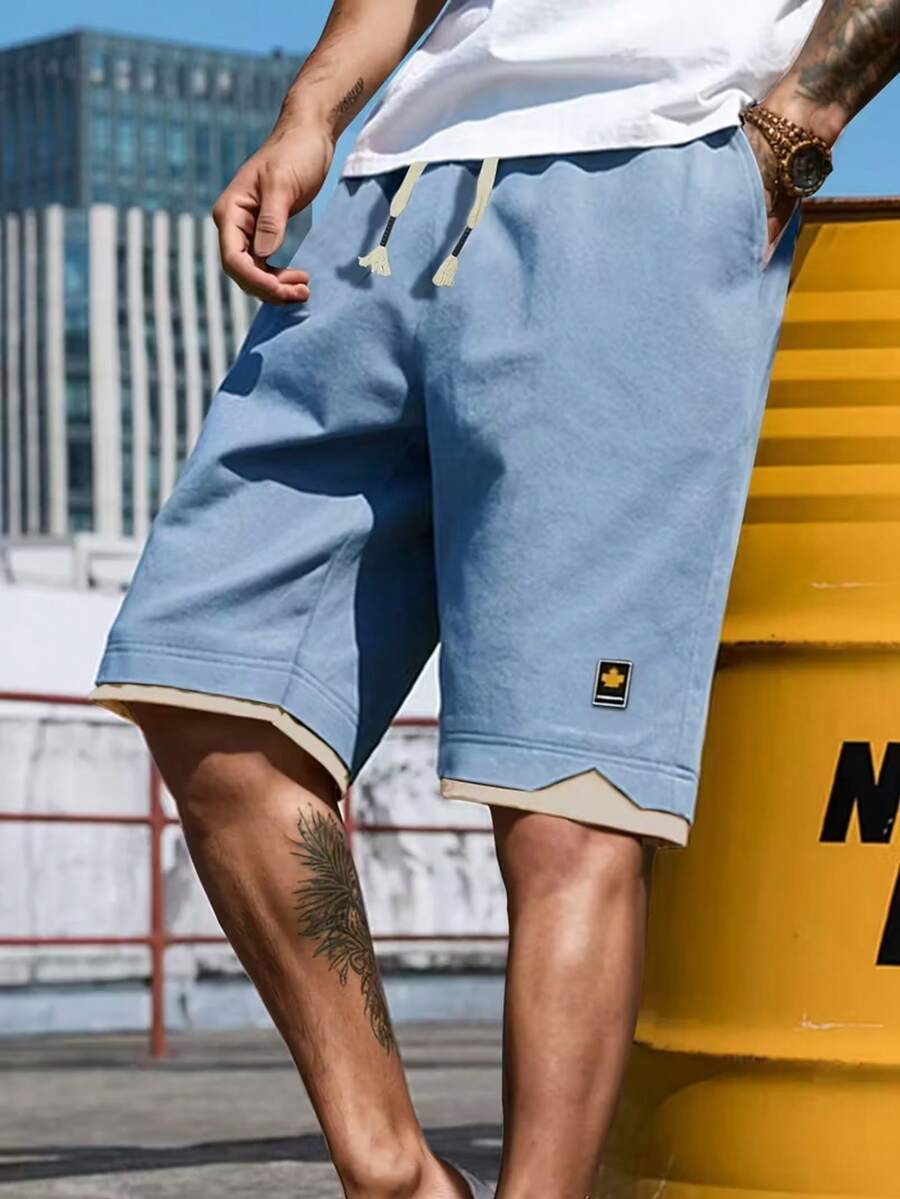 男士时尚休闲短裤，抽绳腰带设计，弹性适中，适合海滩度假、户外运动和日常休闲穿着。 - 藍色 - 查看 1