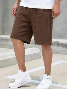 1 chiếc quần short ống đứng đơn giản, thời trang, màu trơn, chất liệu nhung kẻ, dành cho bé trai và thanh thiếu niên, thích hợp mặc mùa hè. - màu nâu - Xem 1
