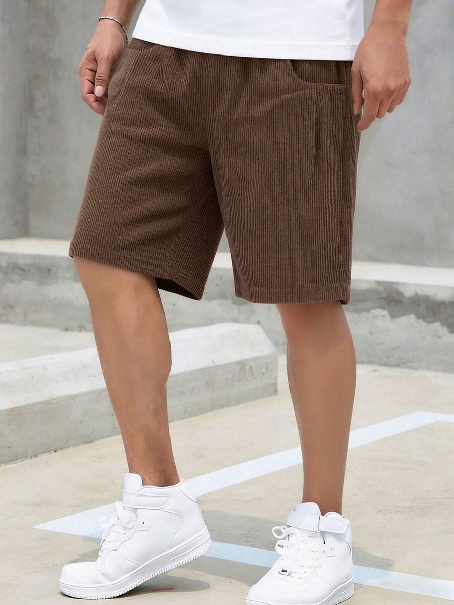 1 chiếc quần short ống đứng đơn giản, thời trang, màu trơn, chất liệu nhung kẻ, dành cho bé trai và thanh thiếu niên, thích hợp mặc mùa hè. - màu nâu - Xem 1