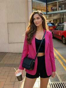 Blazer de manga larga de un solo botón, de unicolor, casual y versátil para uso diario, primavera - Rosa Fucsia - Ver 5