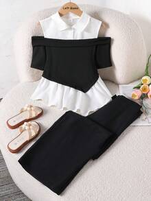 Left Mama Girls Casual Off-Shoulder Patchwork Short Sleeve Top And Straight Pants Set, Versatile For Daily Wear, Summer - Black - View 2