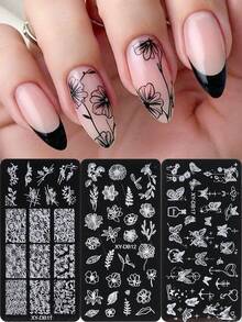 1/3pcs Floral Leaf Butterfly Line Design Nail Art Stamping Plate Reusable Full Cover Flower Pattern Metal Nail Template Spring Summer Stamping Stencil Carved Pattern Stainless Steel Salon Tool DIY Spring Nail - Silver - View 4