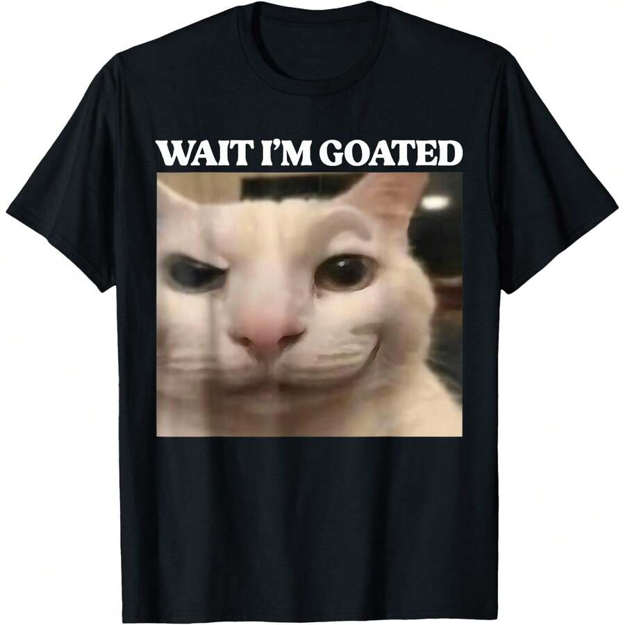 Wait I'm Goated Cat Silly Funny Cat Meme Men Women Graphic T-Shirt - 黑色 - 查看 1