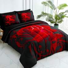 7 Pieces Red Comforter Set Queen King Size , Rose Pattern Bed In A Bag, Lightweight Soft Microfiber Bedding Sets With Comforter, Flat Sheet, Fitted Sheet, Pillowcases Home Decor Room Decor Bedroom Decor Bed Comforter Set Mothers Day Gift Wedding Decorations. - 紅色 - 查看 10