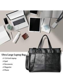 15.6英寸防水男士经典真皮笔记本电脑包，商务公文包，手提包，黑色/咖啡色 - 彩色 - 查看 3