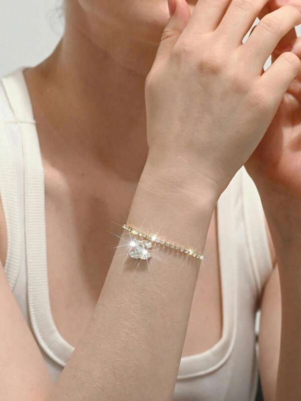  1pc Fashionable & Elegant Rhinestone Chain With Cubic Zirconia Pendant Bracelet, Suitable For Women's Daily Wear, Holiday Gift (LADYCOCO New Product)