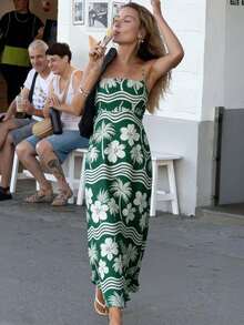Stylish, sophisticated bohemian dress for women with floral print and color-blocking-perfect for vacations and everyday wear. Summer clothing. - Turquesa - Ver 2