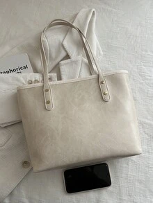Tas Tote Colorblock Serbaguna untuk Wanita, Ringan dan Minimalis, Tas Bahu Kapasitas Besar - Krem - View 4