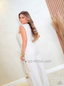 SJD MODA LADY Solid Tailored Set, Casual, Sleeveless Top And Palazzo Pants - White - View 3