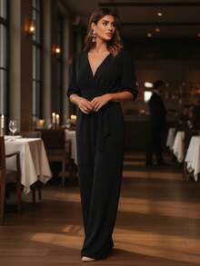 Duna Crepe Lightweight Formal Pantaloon Jumpsuit For Wedding Guest - Black - View 4