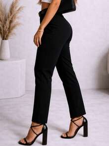 Women's Tailored Dress Pants With Elegant Belt And Buckle, Skinny Style, High Waist. - 黑色 - 查看 2