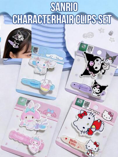 2pcs/Set Sanrio Character Hair Clips, Cute Acrylic Hair Accessories For Women & Girls, Hello Kitty, My Melody, Cinnamoroll, Kuromi, Japanese Kawaii Style, Durable, Firm Grip, Non-Slip, Lightweight & Comfortable, Bangs Clips, Suitable For Daily Wear, Dates, Parties, Work, School, Ideal Gift For Sanrio Fans