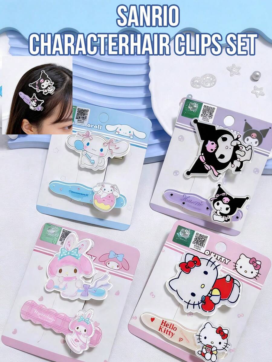 2个/套 三丽鸥卡通发夹，可爱亚克力发饰，适合女性和女孩，包括Hello Kitty、My Melody、Cinnamoroll、Kuromi等日系可爱风格，经久耐用，抓力牢固，防滑，轻盈舒适，刘海夹，适合日常佩戴、约会、派对、工作、上学等场合，是三丽鸥粉丝的理想礼物。
