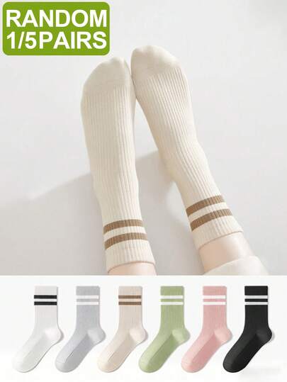 1/5 pares de calcetines casuales deportivos de media caña para mujer, de colores aleatorios, con rayas minimalistas, versátiles, suaves y transpirables