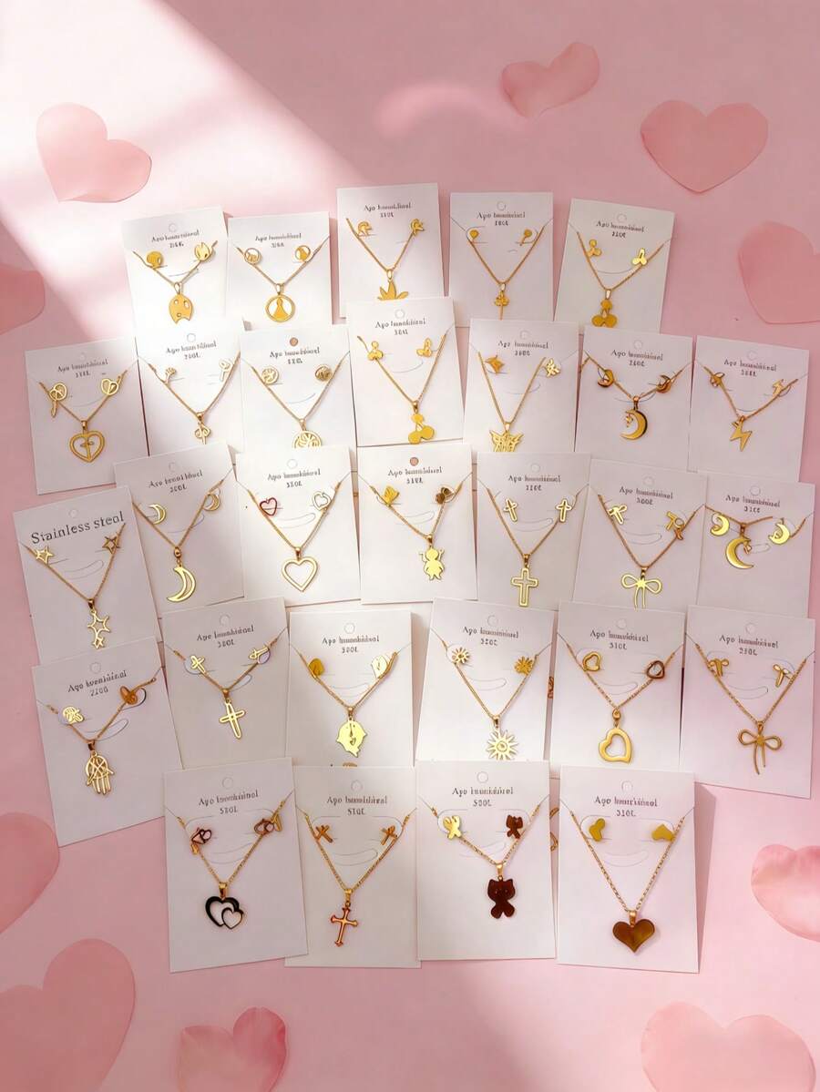 10件套不锈钢蝴蝶、花朵、心形耳环项链套装,多款式耐用饰品,适合日常休闲佩戴 - 10組隨機款金色耳環項鍊套裝 - 查看 1