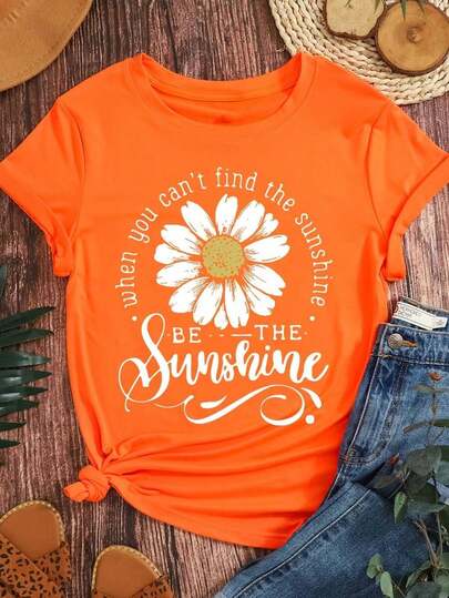 Plus Size Chrysanthemum Print And English Letter Print Summer Women's Crew Neck T-Shirt Graphic Tees Women Tops