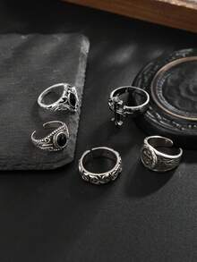 5件套时尚朋克嘻哈十字花戒指套装，适合男士日常佩戴，珠宝礼品 - 復古銀色 - 查看 2