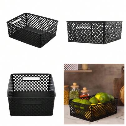 Decorative Plastic Storage Basket Medium Black 14x11.5x5.3 Inches Organizer Bin