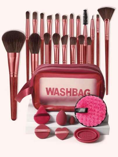 Professionele make-upkwastenset van 28 stuks, inclusief 20 make-upkwasten (foundationkwast, poederkwast, blushkwast, highlighterkwast, oogschaduwkwast, eyelinerkwast, contourkwast, detailkwast), 1 waterdichte make-uptas, 1 wimperkruller en 6 make-upsponsjes.