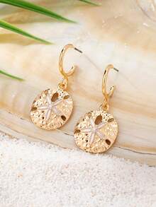 1 Pair Gold Plated Starfish Beach Earring For Women - Sand Dollar Dangle Earrings - Summer Vacation Ocean Jewelry - Golden Starfish Earrings - View 4