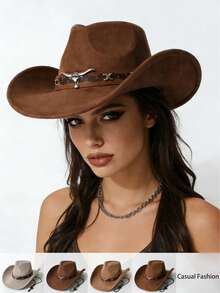 1pc Unisex New Faux Suede Cowboy Hat With Beaded Decoration, High Quality Stylish Wide Brim Hat, Versatile For Daily Wear, Western Themed Events, Birthday Parties, Music Festivals - Suede Black-rimmed XX Top Hat - View 1