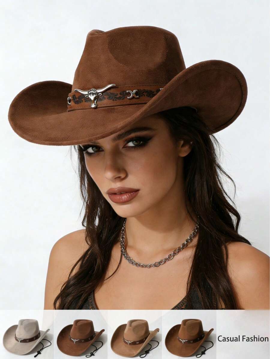 1pc Unisex New Faux Suede Cowboy Hat With Beaded Decoration, High Quality Stylish Wide Brim Hat, Versatile For Daily Wear, Western Themed Events, Birthday Parties, Music Festivals - Suede Black-rimmed XX Top Hat - View 1