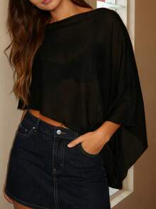 Women Knit Poncho Loose Solid Boat Neck Asymmetrical Coverup Tops Casual Shrug Sweaters - 黑色 - 查看 3