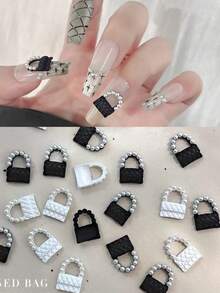5pcs Exquisite Alloy Handbag Wearable Nail Art Decorations, Black & White Plaid Pattern - Multicolor - View 1