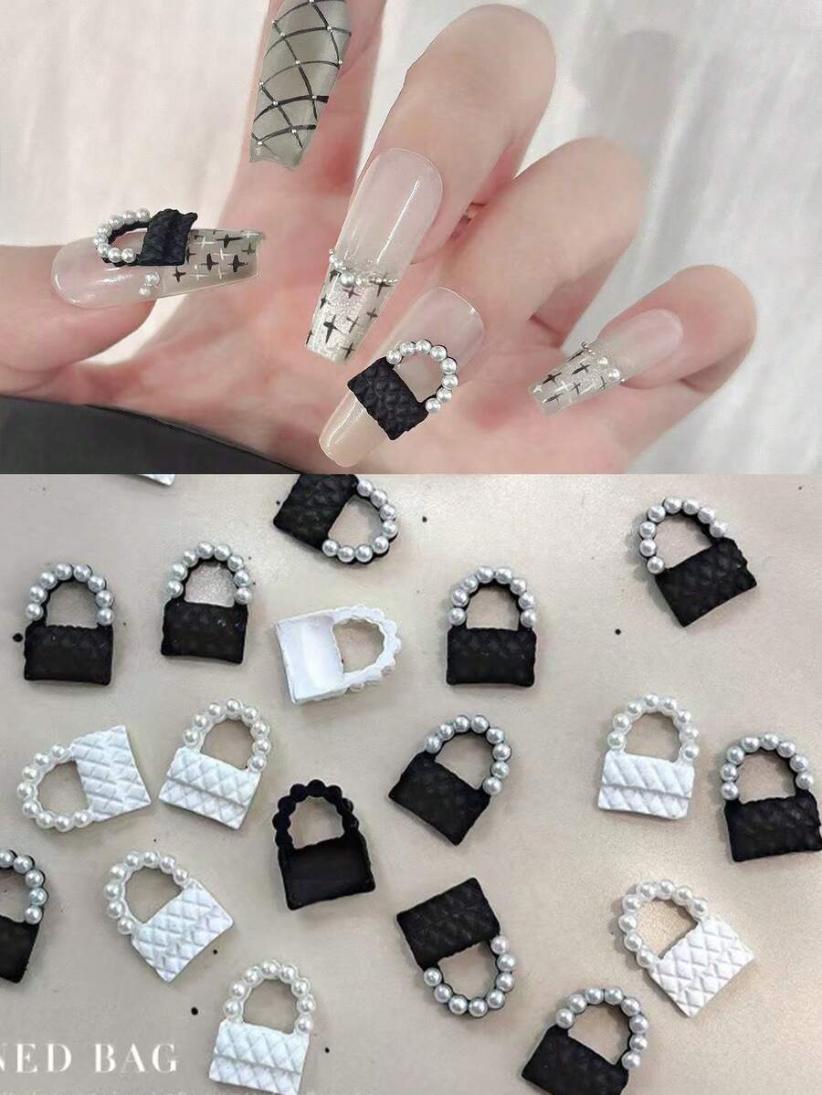 5pcs Exquisite Alloy Handbag Wearable Nail Art Decorations, Black & White Plaid Pattern - Multicolor - View 1
