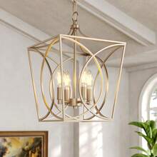 Tribesigns 4-Light Farmhouse Chandelier, Gold Rustic Metal Cage Adjustable Industrial Hanging Pendant Light Ceiling Fixture For Kitchen Island, Dining Room, Entryway UL Listed, E12 Base - 金色 - 查看 1