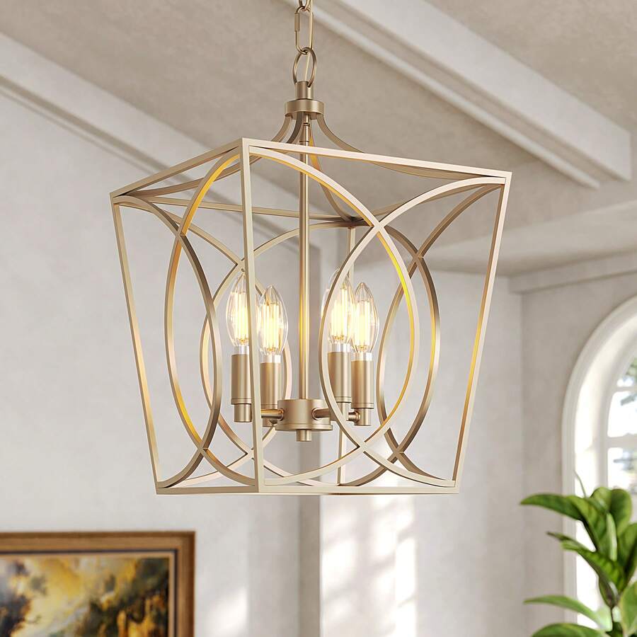 Tribesigns 4-Light Farmhouse Chandelier, Gold Rustic Metal Cage Adjustable Industrial Hanging Pendant Light Ceiling Fixture For Kitchen Island, Dining Room, Entryway UL Listed, E12 Base - 金色 - 查看 1