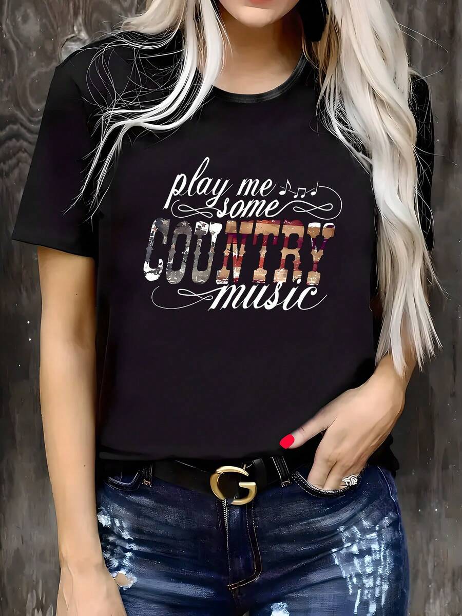 Plus Size Women'S Casual T-Shirt - "Play Me Country Music" Graphic, Round Neck, Short Sleeve, Slightly Stretchy Fabric, Regular Fit, Comfortable Top For All Seasons - màu đen - Xem 1